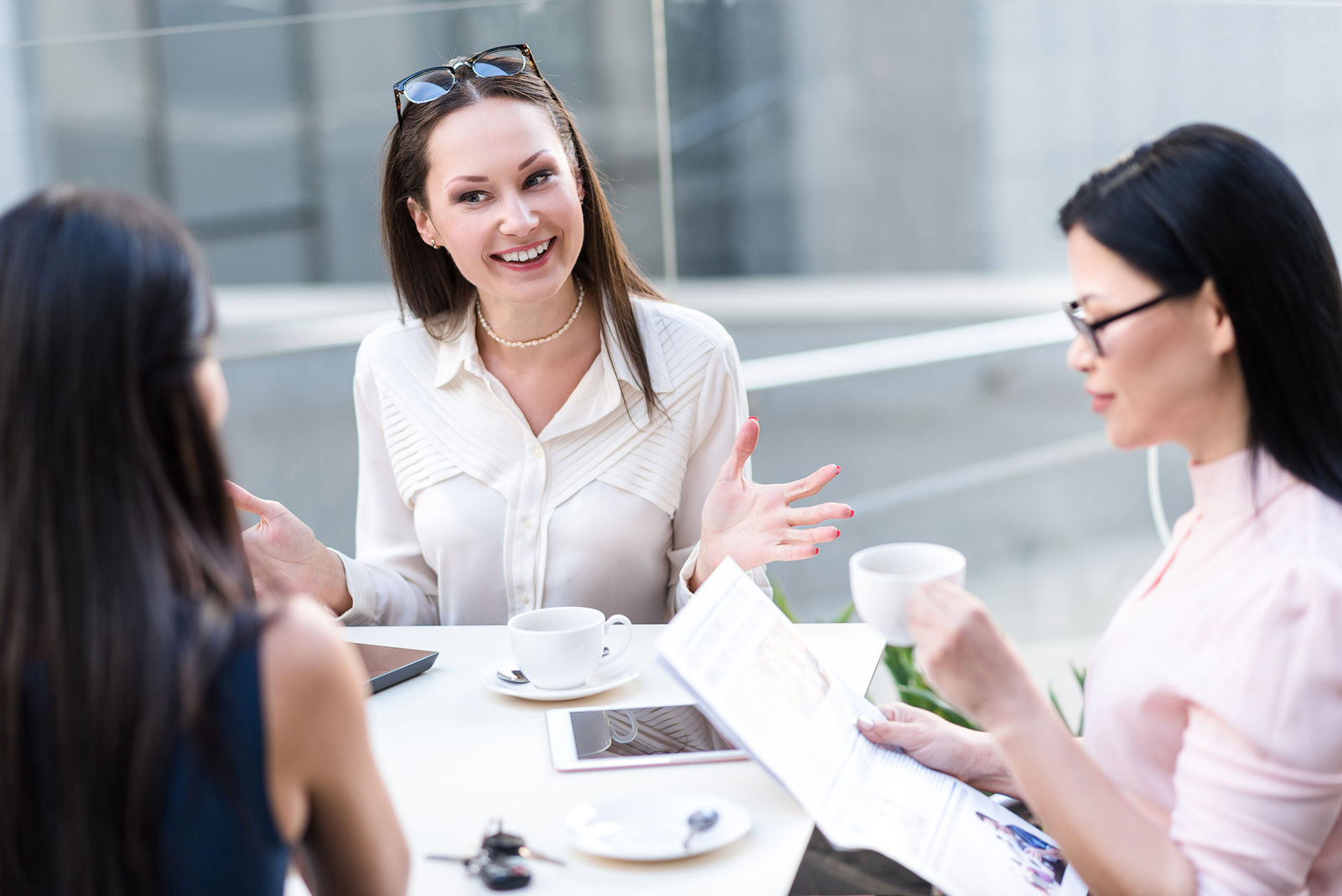 Happy female speaking with affiliates